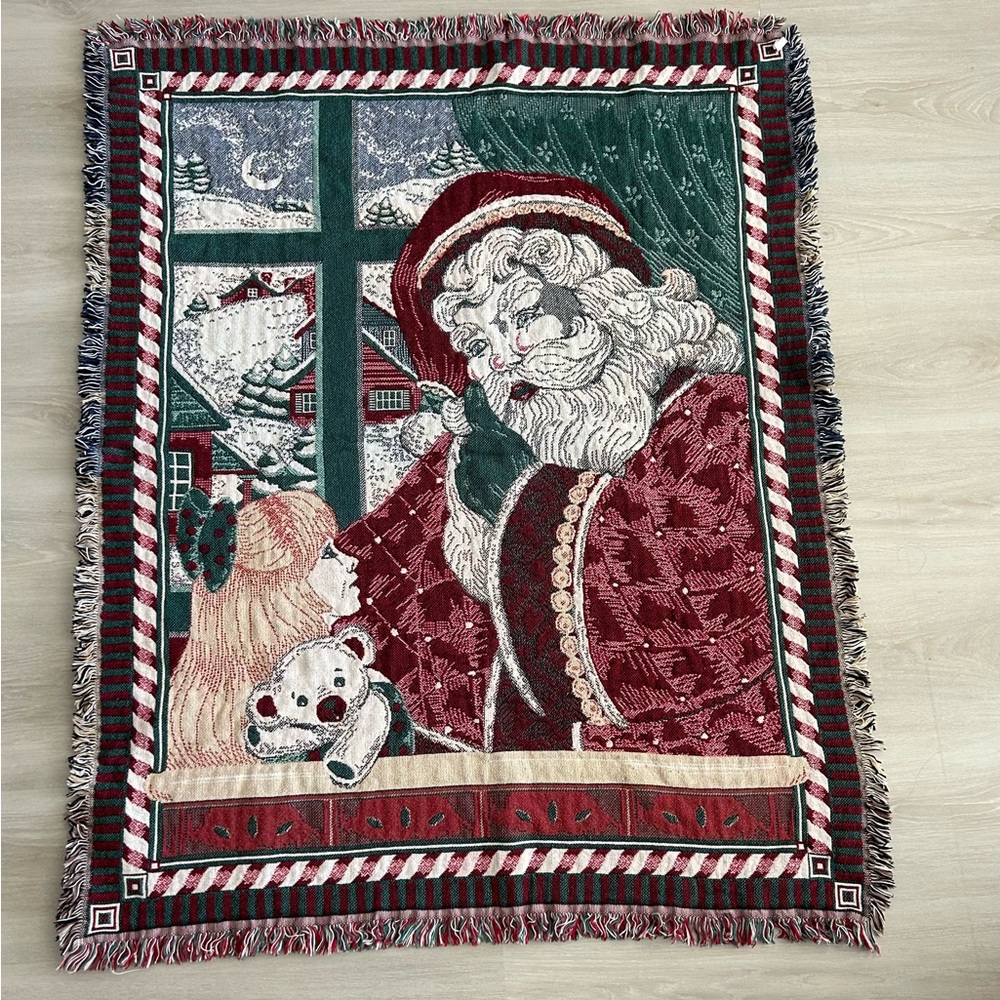 VTG Goodwin Weavers Santa Christmas Blanket Tapestry Throw Fringe Made in USA